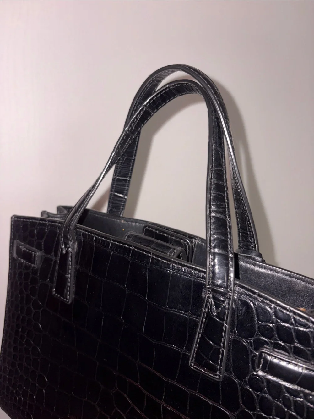 Tory Burch Black Croc-Embossed Satchel with Gold Logo